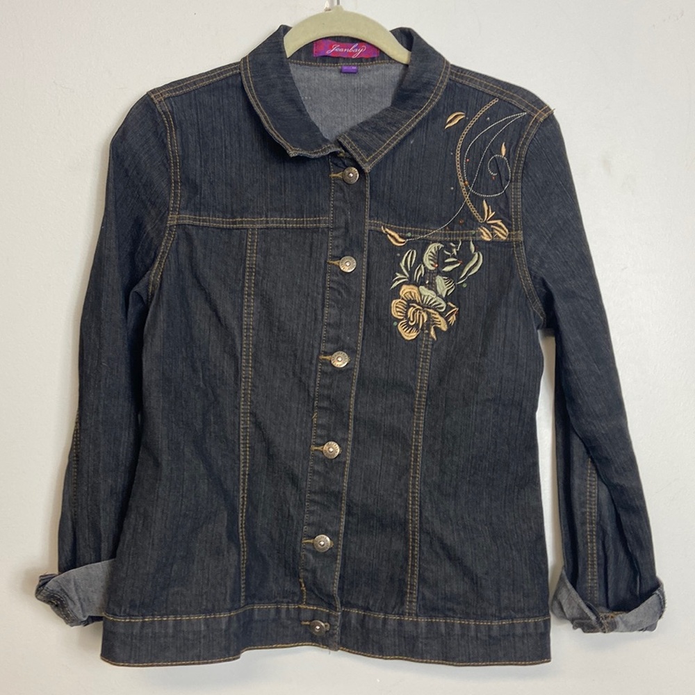 Jeanbay Black Distressed Jean Jacket Flower Design Medium
